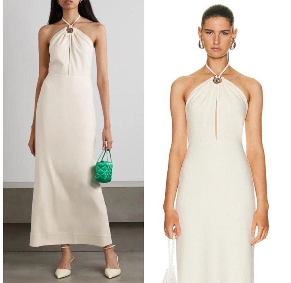 STAUD Abigail Ecru Halter Maxi Dress Swirl Metal Charm Cream Size 6 $395